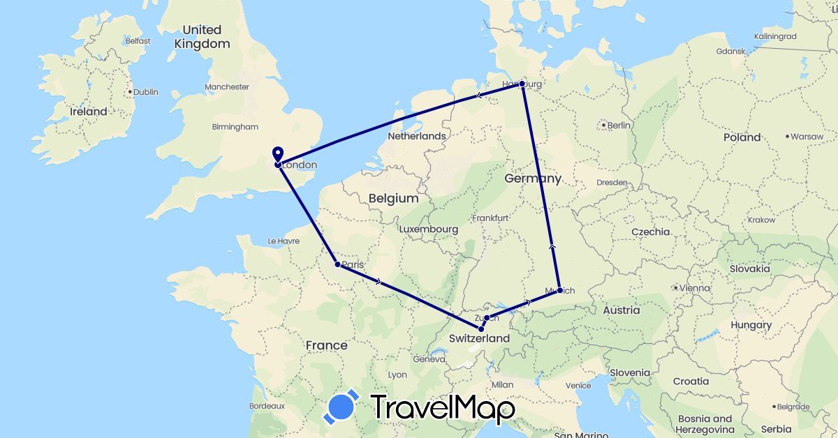 TravelMap itinerary: driving in Switzerland, Germany, France, United Kingdom (Europe)